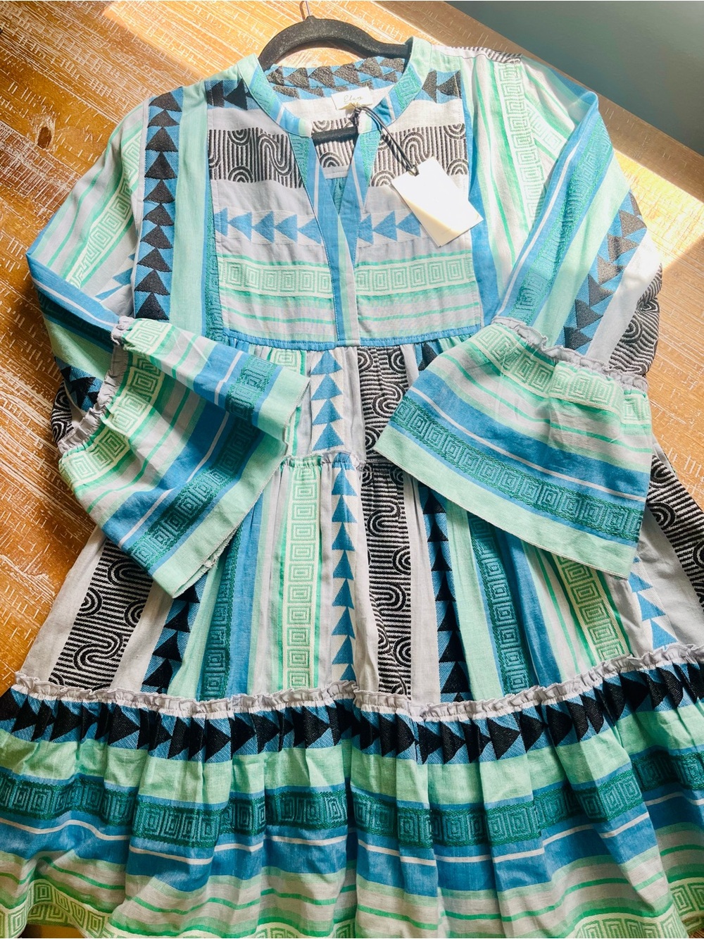 Elan Woman’s blue and green Boho Stripe Tiered Dress